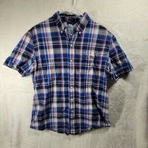 US POLO ASSN Stretch Short Sleeve Woven Blue Plaid Shirt L Logo